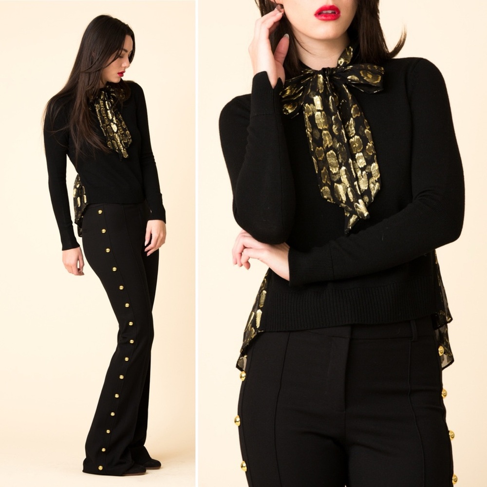 Veronica Beard Black Sweater with Gold Accent Bow